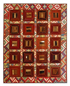 233x190. Персидский килим-пэчворк с квадратными вставками из кожи